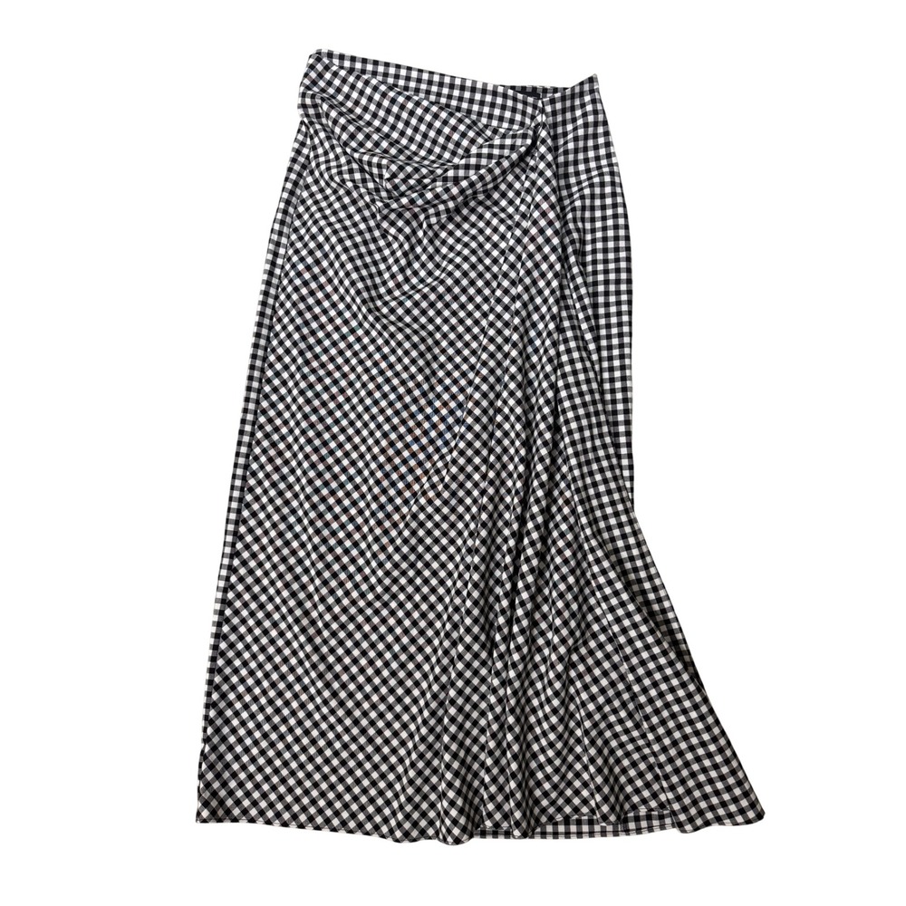 Zara Womens Gingham Draped Midi Skirt Black White Check Side Slit NWT Medium